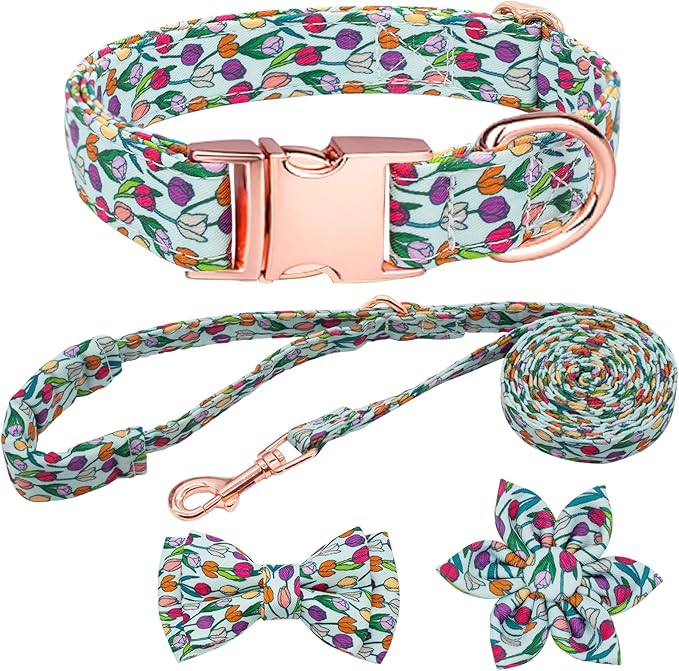 Dog Collar and Leash Set Girls Adjustable Puppy Collars with Floral Bow Tie for Small Medium Large Female Dogs, Tulip, XS