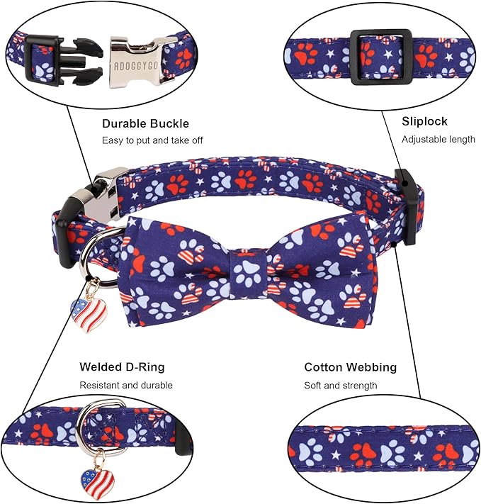 ADOGGYGO American Flag Dog Collar with Detachable Bowtie, Adjustable 4th of July Patriotic Collars for Small Medium Large Dogs Pets (Large)