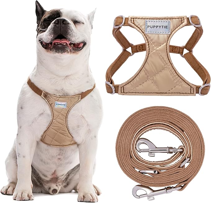 Puppytie No Pull Dog Harness with Multifunction Dog Leash,Soft Adjustable No Choke Escape Proof Pet Harness Vest for Medium Dogs,Glossy Oat Brown,M
