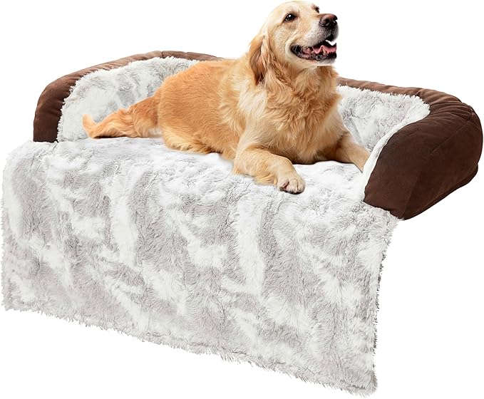 Calming Dog Couch Bed Mat, 45x37 Inch Waterproof Fluffy Sofa Cover, Furniture Protector with Handle, Removable and Washable Pet Bed for Large Dogs and Cats (Brown)