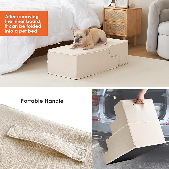 EHEYCIGA Dog Stairs for Bed 20”H, 4-Step Extra Wide Dog Steps for High Bed, Pet Steps for Small Dogs and Cats, Non-Slip Balanced Pet Ramp, Beige