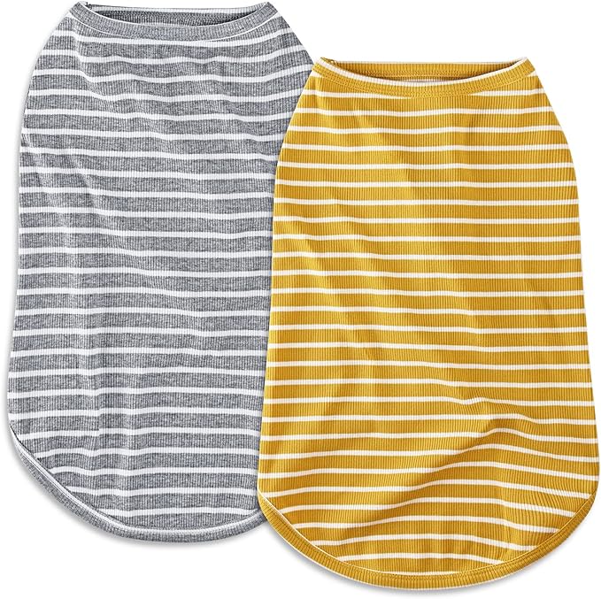 Koneseve Dog Shirt Vest Lightweight Stretchy Dog T-Shirts Soft Cool Sleeveless Stripe Vests Breathable Clothes for Puppy Kitty Cats Small Medium Large Dogs 2 Pack Yellow + Light Grey [S/Small]