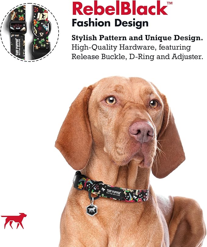 Tuff Pupper Premium Adjustable Dog Collar for Small Boy Dogs, Stylish Pattern Collars Designed in USA, Quick Release Buckle, RebelBlack Print for Male Dogs, Small (0.7 Inch Wide x 8-12 Inch Neck)