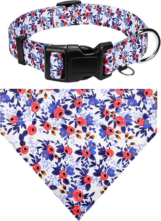 Dog Collars and Bandanas - Soft Adjustable Fancy Floral Boys Girls Puppy Collar for Small Medium Large Dogs.