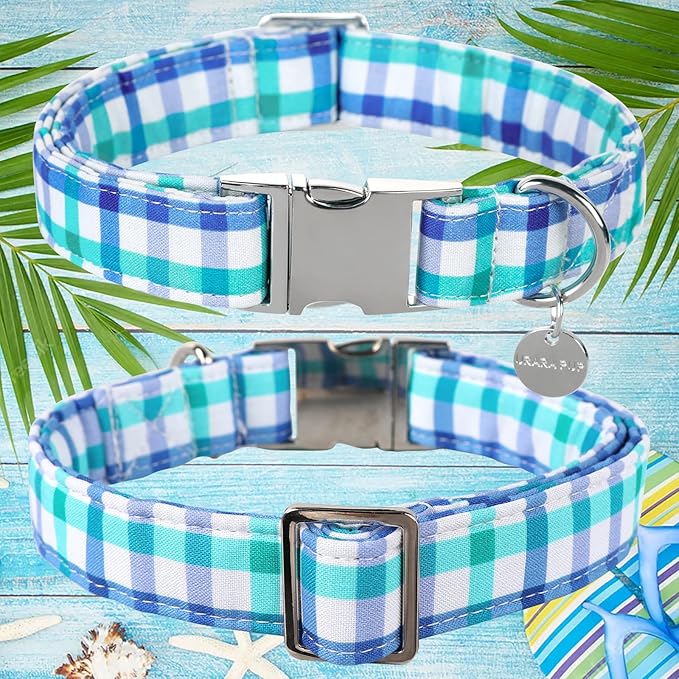 Blue Plaid Summer Cotton Dog Collar with Metal Buckle Gift Collar for Small Medium Large Girls or Boys Dogs Cute Durable Comfortable Pet Collars