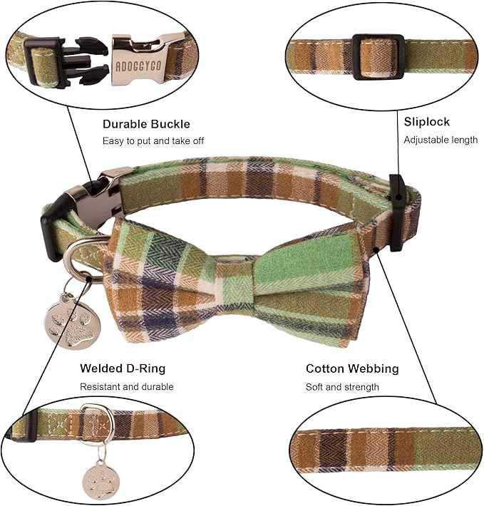 ADOGGYGO Plaid Dog Collar with Detachable Bowtie, Adjustable Soft Green Plaid Collars for Small Medium Large Dogs Pets (Large)