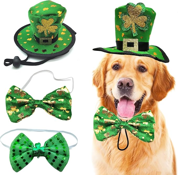 3PCS St Patrick's Day Pet Costume, St. Patty's Day Dog Top Hat Green Shamrock Bow Tie Doggie Collar Set for Large Dogs Puppy Outfit Cats Kitty Funny Irish Dog Clothe Accessories