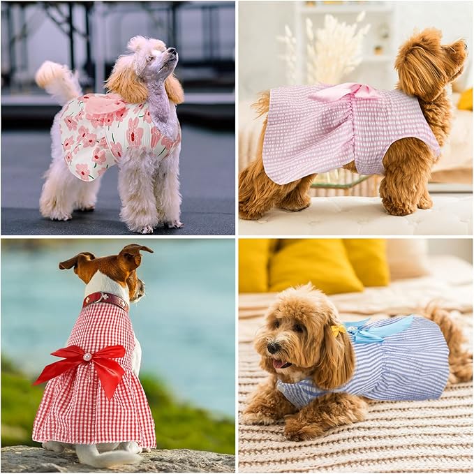 Sanwuta 8 Pieces Dog Bowknot Dresses Puppy Clothes Outfits Princess Dresses Soft Lightweight Summer Fruit Floral Pattern Pet Skirts for Girl Puppy(Large)