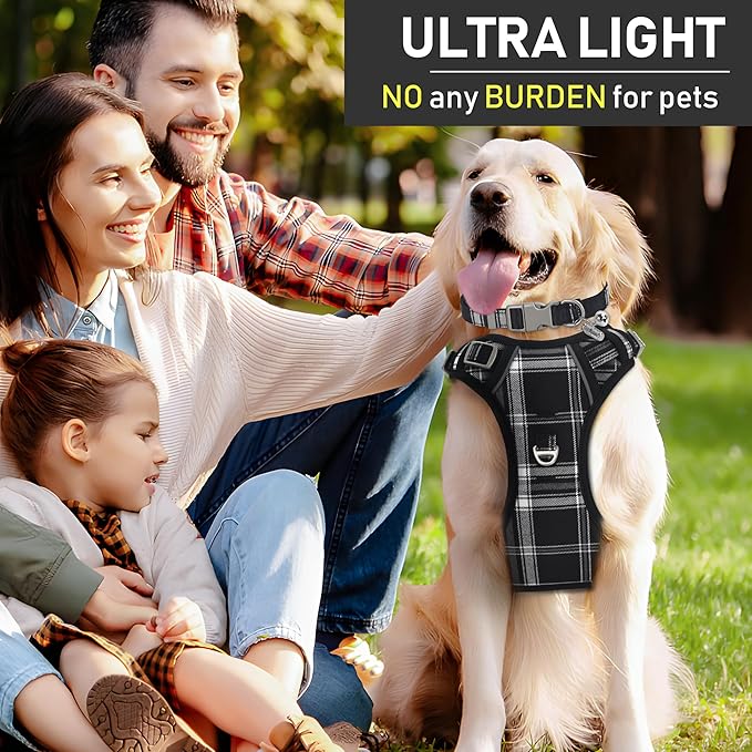 GAMUDA Dog Harness Collar and Leash Set, Horse Care Sheets, No Chock No Pull Adjustable Vest Harnesses Plaid Reflective for Medium Dog, Cat, Small Horse, Small Bull and Pig (Black, M)