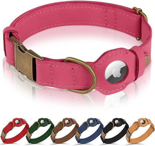 AirTag Dog Collar - Genuine Leather Dog Collar with Apple AirTag Holder and Metal Buckle - Smart GPS Tracking Pet Collars for Small Medium Large Dogs Puppy (Pink, L, 17"-21" Neck Fit)