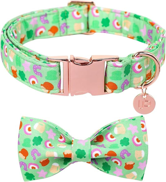 St. Patrick's Dog Collar with Bow Tie, Cotton St. Patrick's Bowtie Collar for Girl Boy Dog, Lucky Shamrock Dog Collar with Metal Buckle, Green, Spring, S