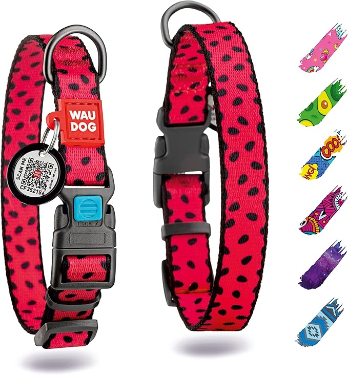 WAUDOG Nylon Dog Collar - Adjustable Dog Collar for Large Dogs, Small & Medium Dogs - Breakaway Puppy Collars for Large Breed Dogs - Boy & Girl Dog Collars with Durable Plastic Buckle and QR Dog Tag