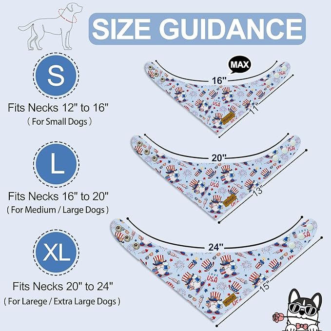 4th of July Dog Bandanas with Snap Button, 2 Pack American Flag Pet Scarf for Boy & Girl, Premium Durable Fabric, Adjustable Fit, Patriotic Bandana for Large and Extra Large Dogs (X-Large)