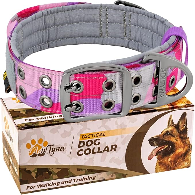 ADITYNA Heavy Duty Dog Collar for Extra-Large Dogs - Camo Pink Purple Collar with Handle for Training, and Walking - Wide, Tactical, Soft Neoprene Padded
