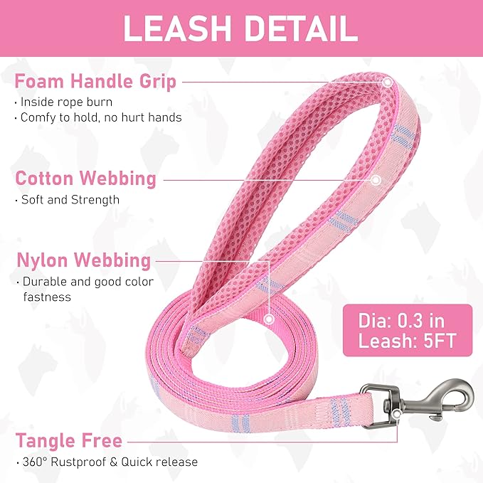 GAMUDA Small Dog Harness Collar and Leash Set, Step in No Chock No Pull Soft Mesh Adjustable Dog Vest Harnesses Plaid Reflective for Dogs Puppy Cats Kitten Rabbit (Pink, XL)