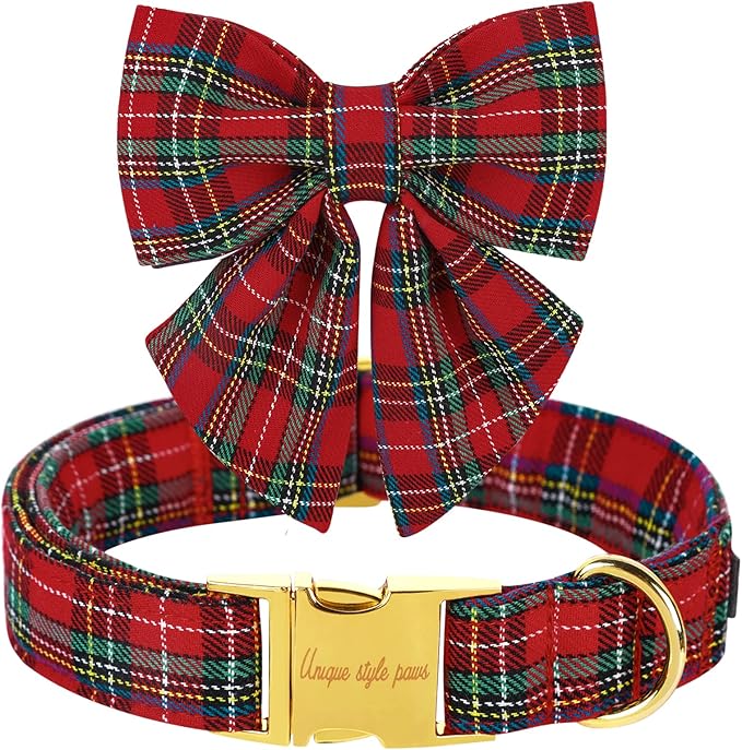 Unique style paws Christmas Dog Collar with Bow Tie Scottish Plaid Puppy Collar for Small Medium Large Dogs as Holiday Autumn Winter Gifts-XS