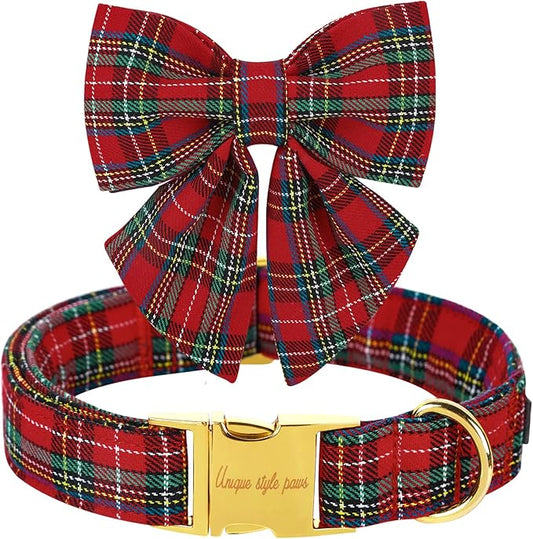 Unique style paws Christmas Dog Collar with Bow Tie Scottish Plaid Puppy Collar for Small Medium Large Dogs as Holiday Autumn Winter Gifts-M