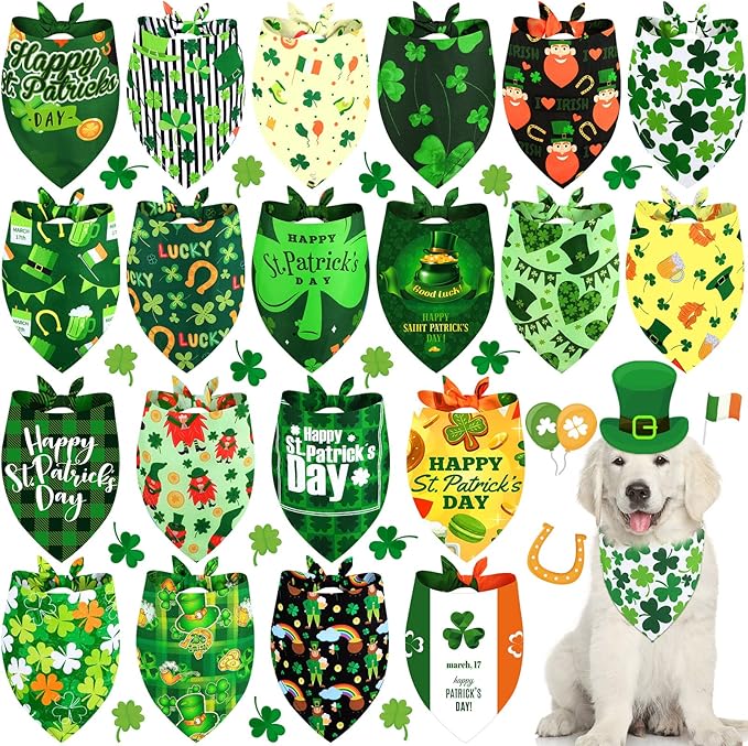 20 Pcs St. Patrick's Day Dog Bandana Pet Scarf Washable Triangle Bibs Shamrock Scarfs Adjustable Pet Triangle Washable Kerchief for St. Patrick's Day Dogs Cats (Shamrock, L)