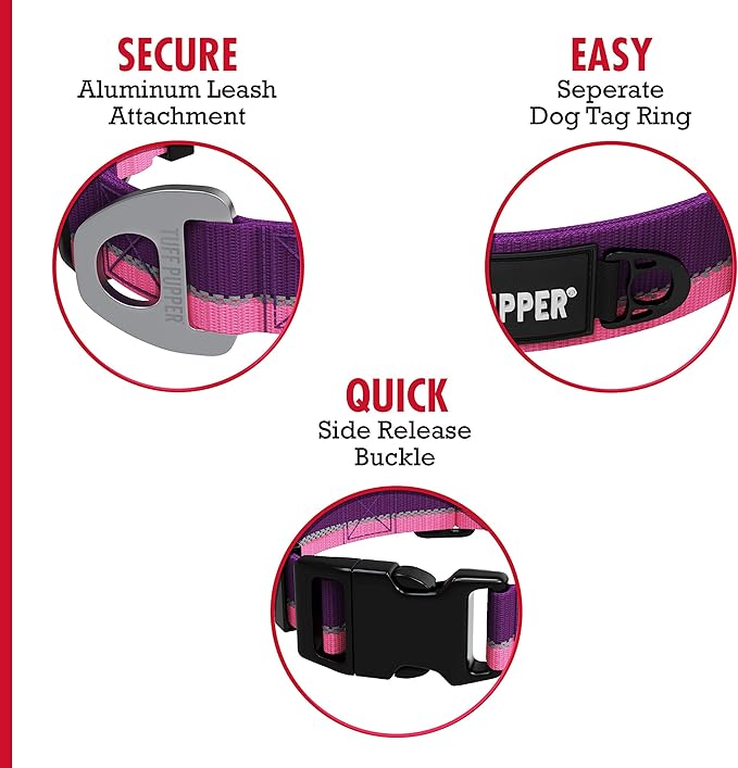 Tuff Pupper Heavy Duty Dog Collar | Reflective with Aluminum D-Ring Leash Clip | Separate Dog ID Tag Attachment | Easy Sizing for All Breeds