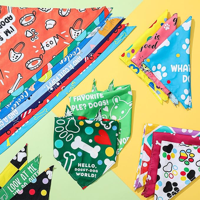 Sweetude 100 Pcs Plaid Dog Bandanas Bulk Paw Print Dog Scarf Bibs Puppy Pet Bandanas with Captions Adjustable Cat Outfit Washable Triangle Scarf Kerchief for Small to Medium(Vivid)