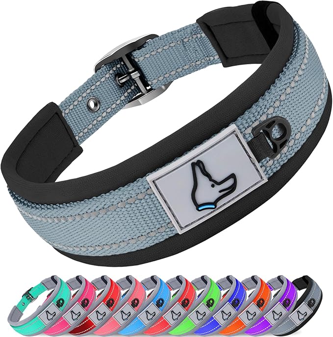 Joytale Dog Collar for Extra Large Dogs, Neoprene Padded and Adjustable, Reflective Wide Heavy Duty Pet Collars with Durable Metal Belt Buckle for Walking, Gray, XL
