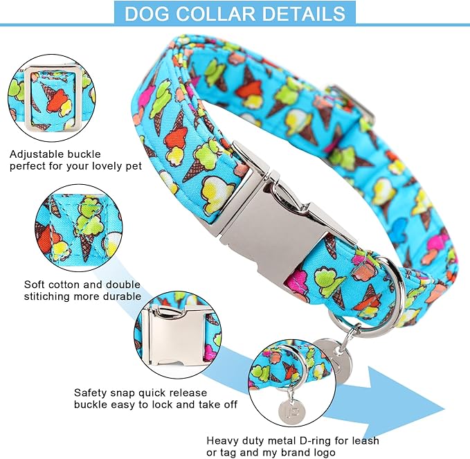 Ice Cream Summer Cotton Dog Collar with Metal Buckle Gift Collar for Small Medium Large Girls or Boys Dogs Cute Durable Comfortable Pet Collars