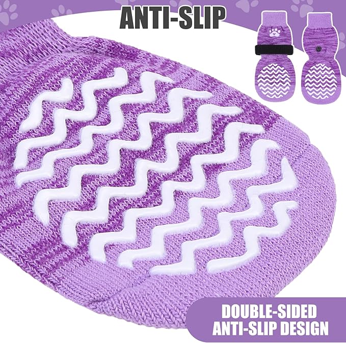 PUPTECK Non-Slip Dog Socks Double Sides Grips for Hardwood Floors Prevents Licking, Dog Shoes for Hot Pavement Traction Control Booties for Senior Dogs, Small Medium Large Dogs, Purple XS