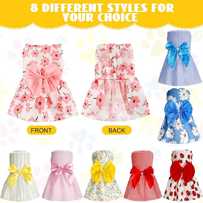 Sanwuta 8 Pieces Dog Bowknot Dresses Puppy Clothes Outfits Princess Dresses Soft Lightweight Summer Fruit Floral Pattern Pet Skirts for Girl Puppy(Medium)