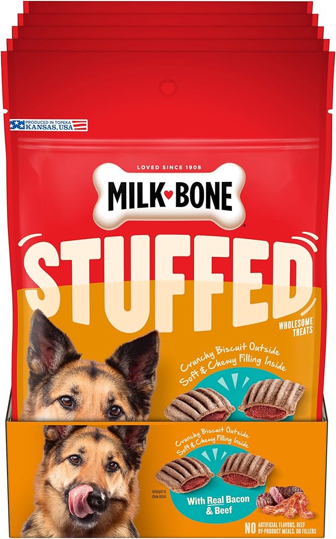 Milk-Bone Stuffed Dog Treats with Real Bacon & Beef, 10 Ounce (Pack of 5), Crunchy Biscuit with Soft & Chewy Filling