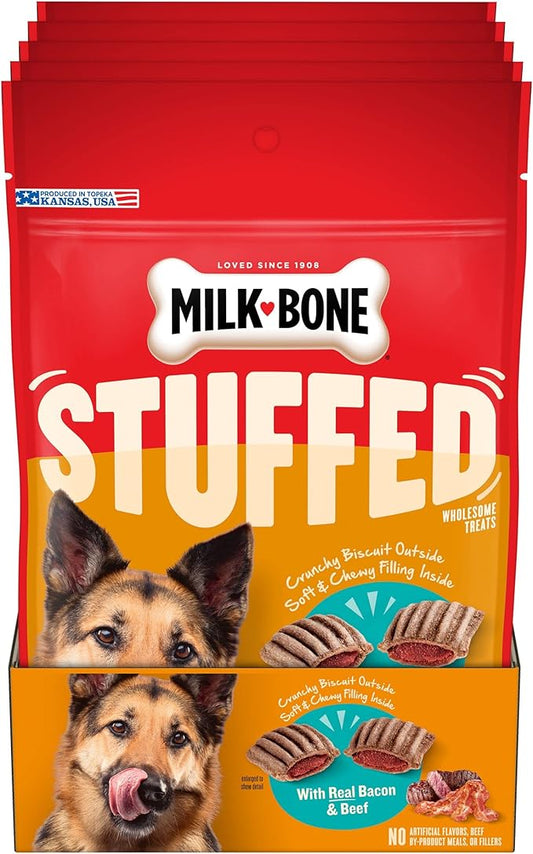Milk-Bone Stuffed Dog Treats with Real Bacon & Beef, 10 Ounce (Pack of 5), Crunchy Biscuit with Soft & Chewy Filling