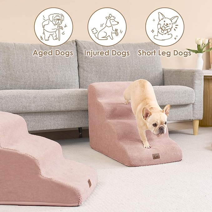 EHEYCIGA Curved Dog Stairs Ramp for Small Dogs 15.7" H, 3-Step Dog Steps for Couch Sofa and Chair, Pet Stairs for Cats, Non-Slip Balanced Pet Steps Indoor, Dusty Pink