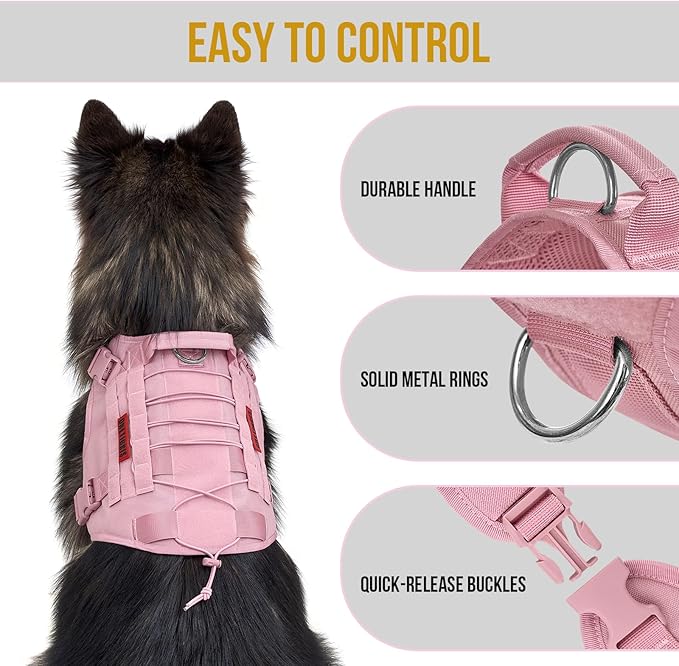 OneTigris Tactical Dog Harness Vest,No-Pull Service Dog Vest with Hook & Loop Panels,Adjustable Dog Vest Harness for Walking Hiking Training(Pink,XS)