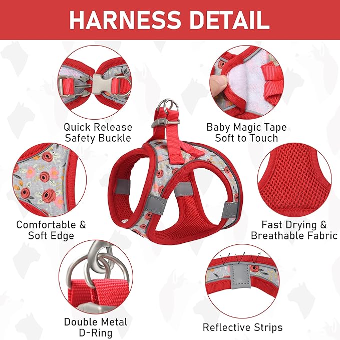 GAMUDA Small Dog Harness Collar and Leash Set, Step in No Chock No Pull Soft Mesh Adjustable Dog Vest Harnesses Plaid Reflective for Dogs Puppy Cats Kitten Rabbit (Red Flower, XL)