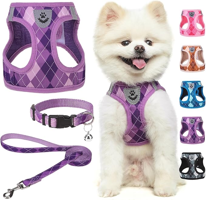 SCENEREAL Dog Harness Collar and Leash Set, Step-in No Pull Pet Vest Harnesses for Small Medium Dogs Puppy Cats, Soft Mesh No-Chock Reflective Vest Harness for Outdoor Walking Running, Purple Plaid S