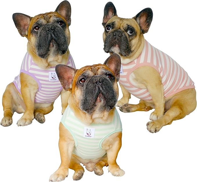 iChoue 3pcs French Bulldog Striped Shirts 100% Breathable Cotton Tank Tops Vests Clothes for Frenchie Dogs, Pink Purple Green Stripes, Large