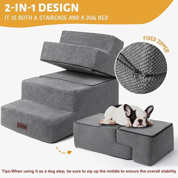 Dog Stairs for Small Dogs & Cats, 4-Step Non-Slip Pet Steps for Beds & Couches, Grey, 18.5" H