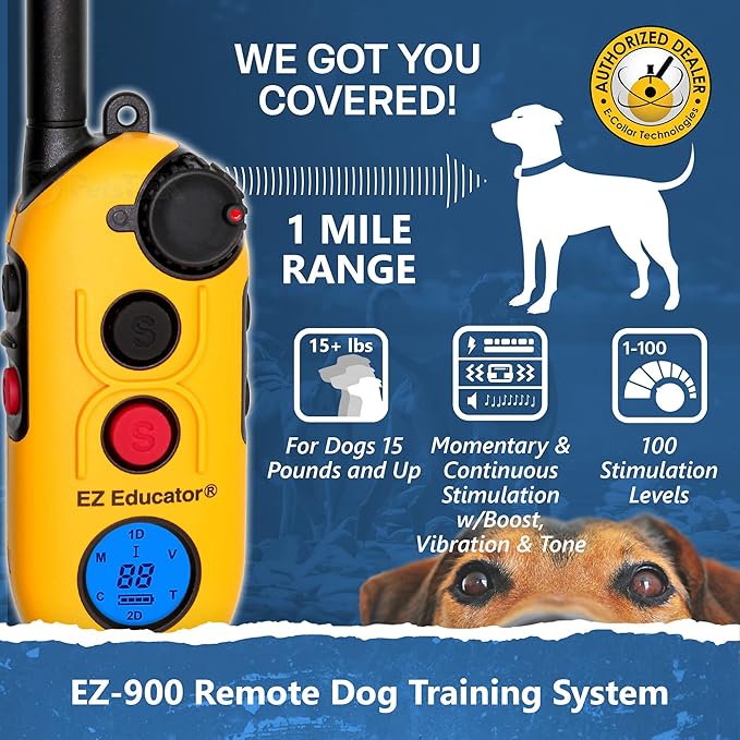 E-Collar Educator EZ-900-1/2 Mile Remote Waterproof Dog Trainer - Static, Vibration and Sound Stimulation Collar with PetsTEK Dog Training Clicker