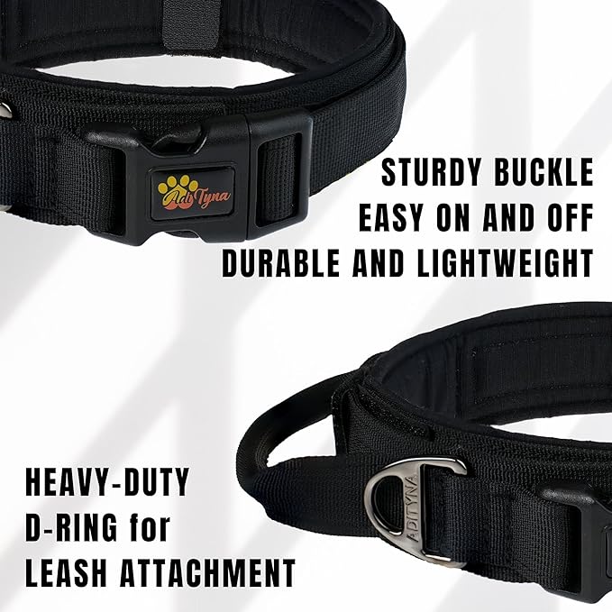 ADITYNA Tactical Dog Collar for Extra-Large Dogs - Soft Padded, Heavy Duty, Service, Adjustable Military K9 Black XL Collar with Handle for Training and Walking