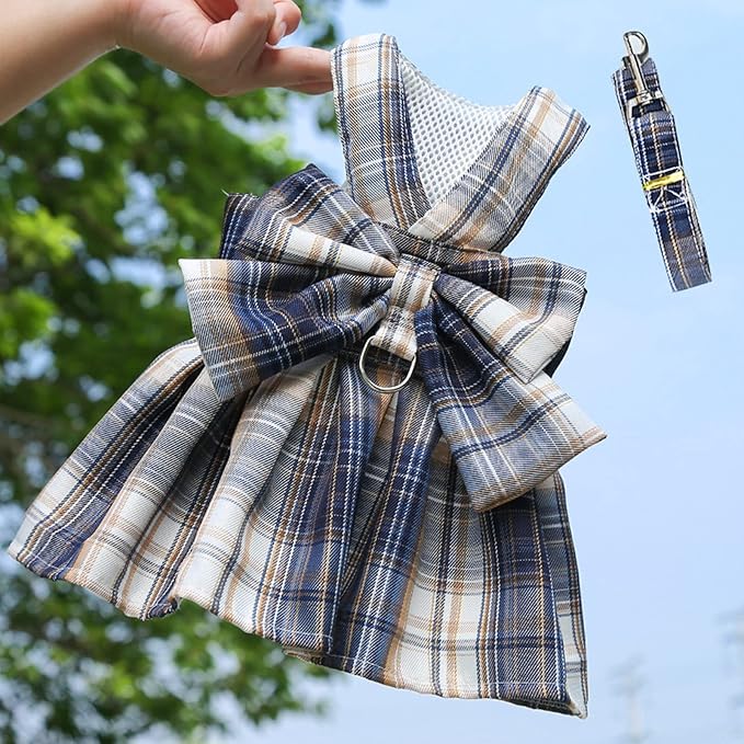 Dog Harness and Leash Set, Cute Bow Tie Plaid Harnesses for Puppy Cat, Adjustable Pet Kitties Vest, Breathable Harness Traction Rope for Boy Girl Small Animal(Skirt Navy Blue,S for 3.3-5.5lbs Dog)