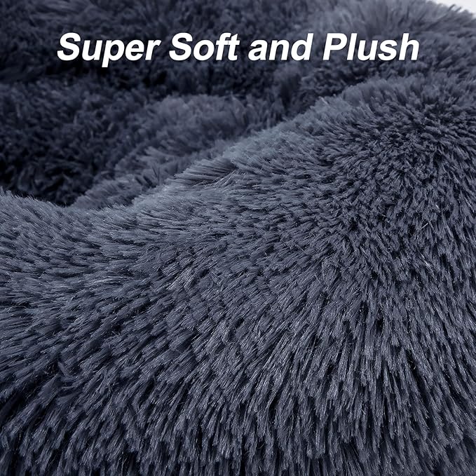 MIXJOY Calming Cat Beds for Indoor Cats, 20'' Kitten Donut Bed for Pet Up to 15lbs, Fluffy Small Cat Cuddler Bed, Anti-Anxiety Plush Faux Fur Large Cat Bed Washable (20'', Grey-Blue)