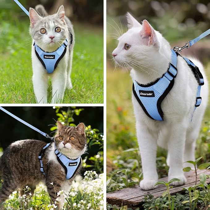 Dooradar Cat Harness and Leash Set, Escape Proof Safe Adjustable Kitten Vest Harnesses for Walking, Easy Control Soft Breathable Mesh Jacket with Reflective Strips for Cats, Light Blue, S