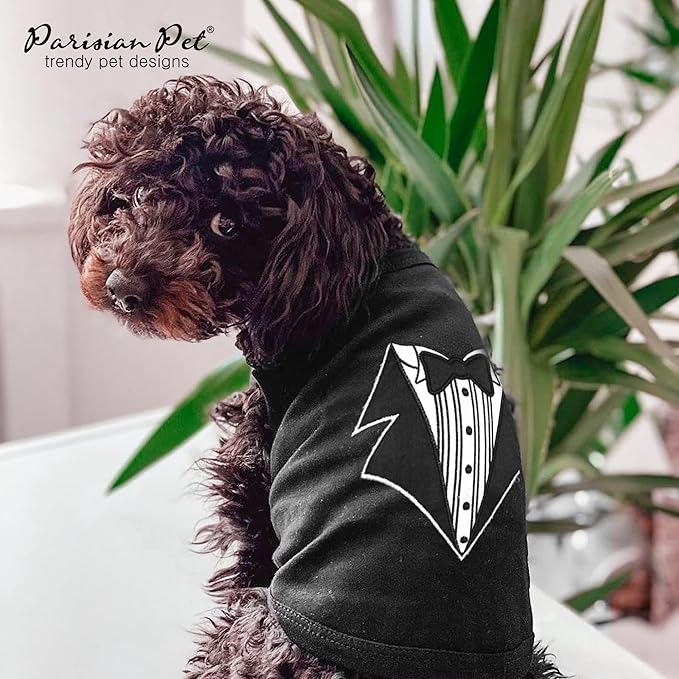Parisian Pet Dog Tshirt - Embroidered “ Tuxedo “ Dog Shirt - 100% Cotton and Lightweight Dog Clothes - Sleeveless Black Dog Tee Shirts - Machine Washable Dog Shirts for Small Dogs - Pet Vest - S