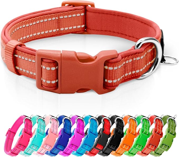 azuza Reflective Dog Collar, Soft Neoprene Padded Pet Collar with ID Tag Ring, Adjustable for Large Dogs,Rust Red,L