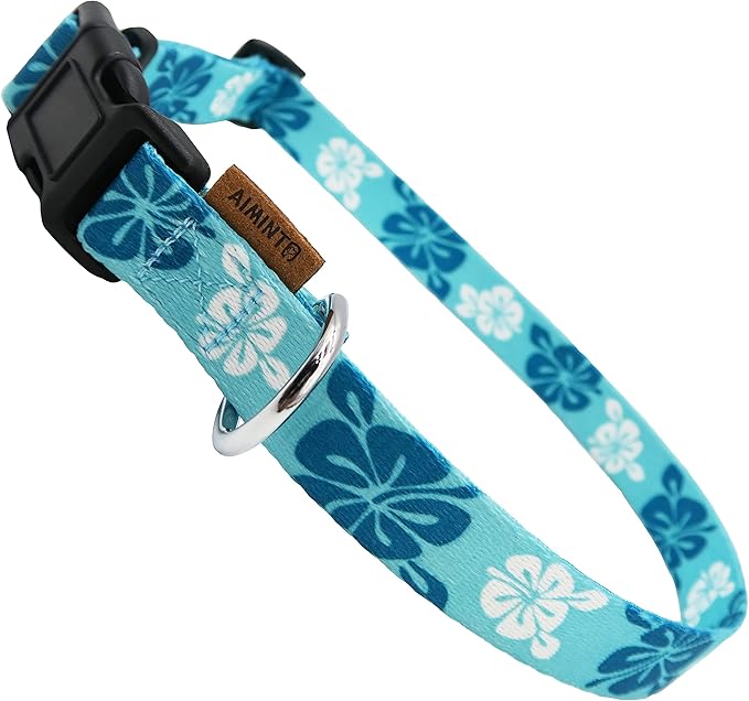 Dog Collar, Cute Floral Pattern, Soft and Adjustable Collar with Quick Release Buckle (S (Neck 11-18", Width 5/8"), Hawaiian Blue)