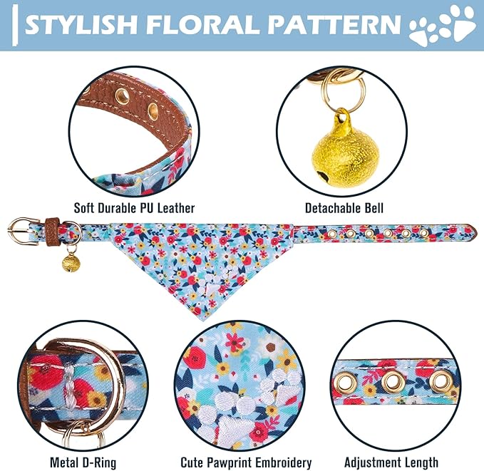 EXPAWLORER Puppy Collar and Leash Set - Embroidery Floral With Cute Flower Bow Tie, Bandana and Bell for Dogs Cats Outdoor Walking, Blue S