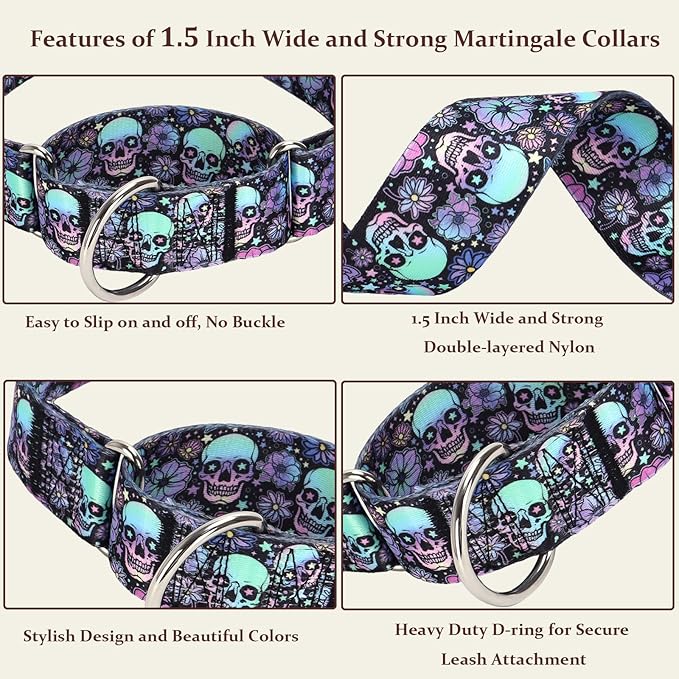 Martingale Dog Collar 1.5 Inch Wide - Heavy Duty Skull Design for Large Dogs, Adjustable Training Collar for Walking, Hunting, and Outdoor Activities - Perfect for Boys and Girls (M)