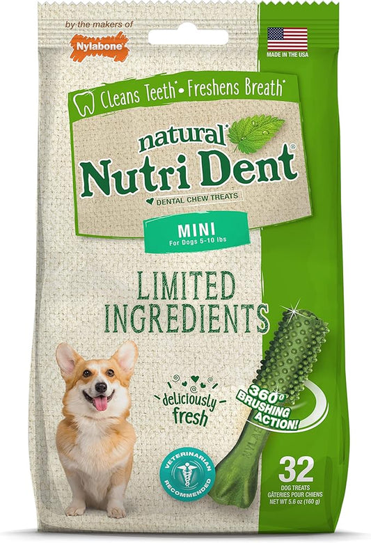 Nylabone Nutri Dent Dog Dental Chews - Natural Dog Teeth Cleaning & Breath Freshener - Dental Treats for Dogs - Fresh Breath Flavor, Mini (32 Count)