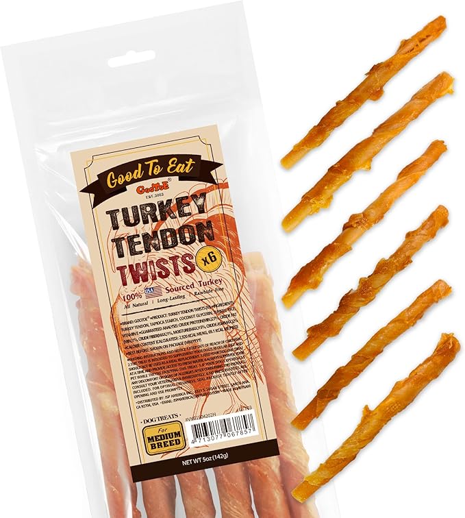 Gootoe Turkey Tendon Dog Treats, Twists (M) 5 oz, 100% USA-Sourced Turkey, Natural Snack, Premium Puppy Chews, Hypoallergenic, Rawhide-Free, Reseal Value Bags, Size for Medium Dogs