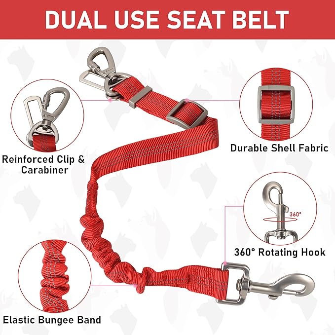 GAMUDA Dog Harness, Collar and Seat Belt Set, Vehicle Safety Harness, Retractable Adjustable Pet Seatbelts with Travel Strap and Carabiner for Most Cars (Red, XL)