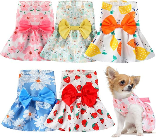 5 Pieces Dog Clothes Girl Dog Dresses Floral Puppy Dresses Pet Cat Princess Bowknot Clothes Cute Puppy Summer Outfits for Yorkie Female Cat Pets, 5 Styles(Cute Style,Medium)